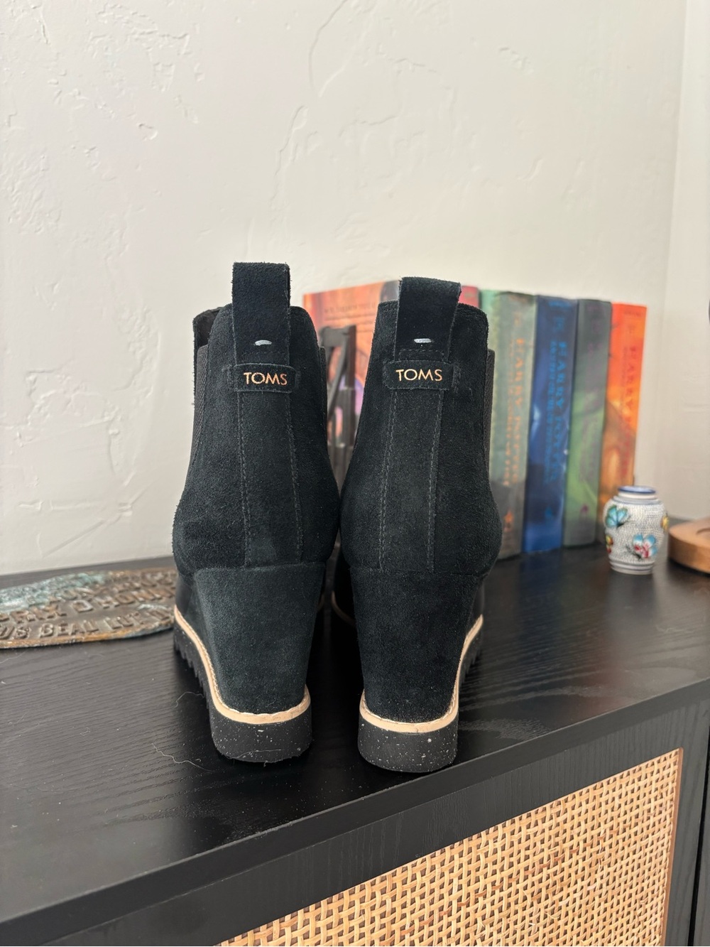 TOMS Black Leather and Suede Wedge Booties